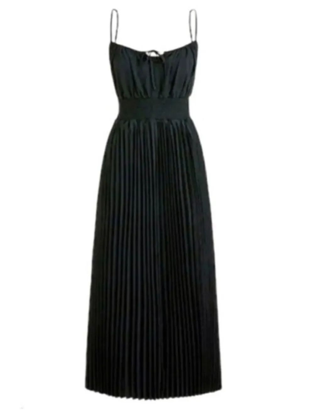 J Crew Black Pleated Midi Dress with Smocking And Spaghetti Straps Size 0 - Picture 4 of 15